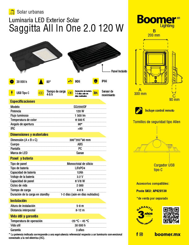 LUMINARIA EXTERIOR SOLAR ALL IN ONE 400W LUZ FRÍA