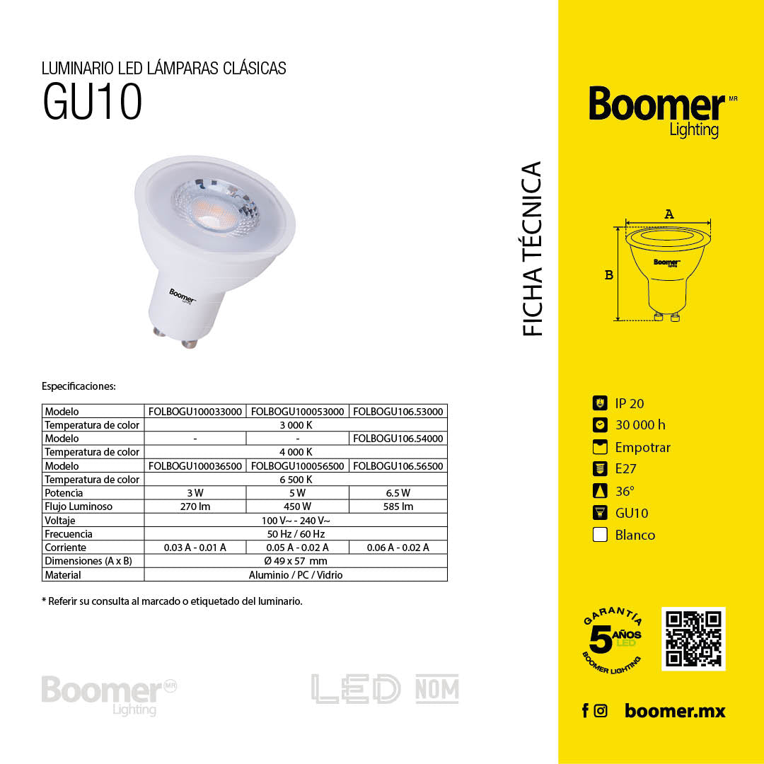 PAQUETE 10 FOCOS LED GU10 6.5W LUZ NEUTRA BASE GU10