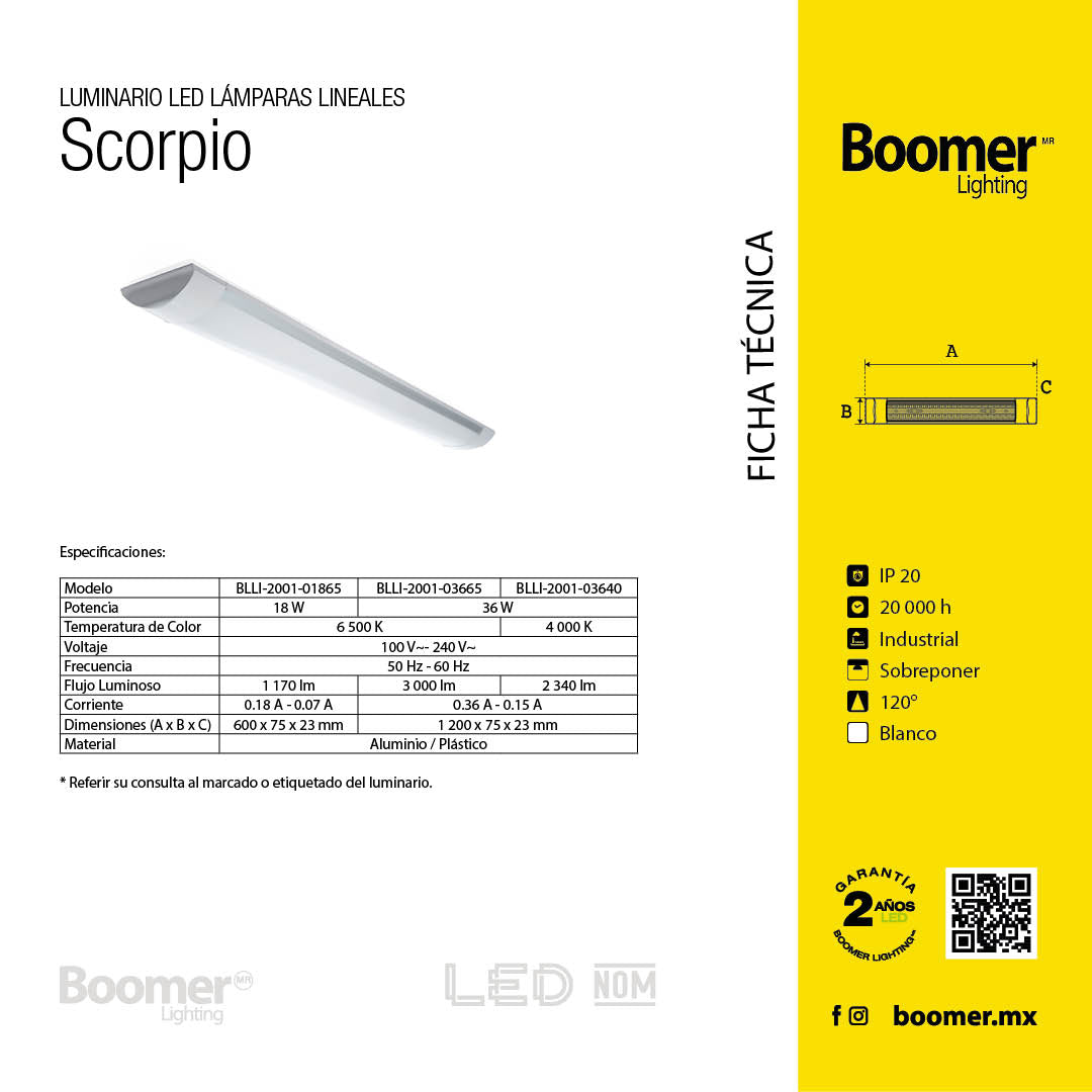 LÁMPARA LED LINEAL SCORPIO, 36W, LUZ NEUTRA, 2340 LM