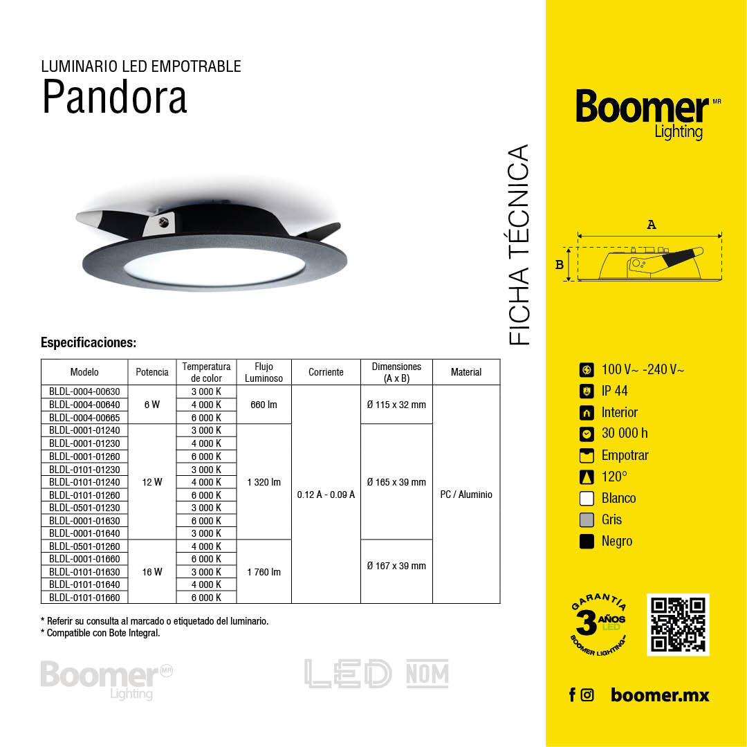 EMPOTRABLE 16W NEGRO, LUZ NEUTRA, PARA BOTE INTEGRAL,1760LM