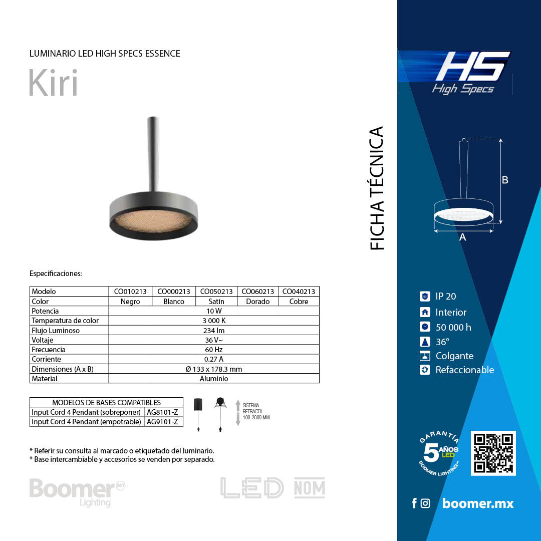 LÁMPARA COLGANTE HS-ES KIRI NEGRO 10W, 3000K, 233LM, IP20