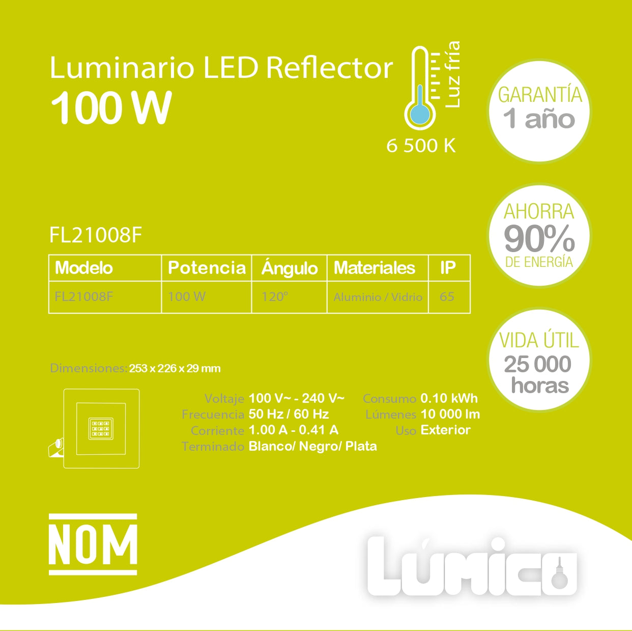 REFLECTOR LED LÚMICO NEGRO 100 W, LUZ FRÍA, PARA EXTERIOR