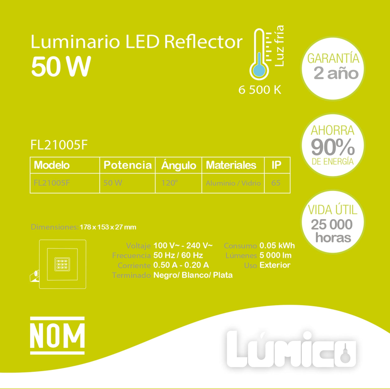 REFLECTOR LED LÚMICO NEGRO 50 W, LUZ FRÍA, PARA EXTERIOR