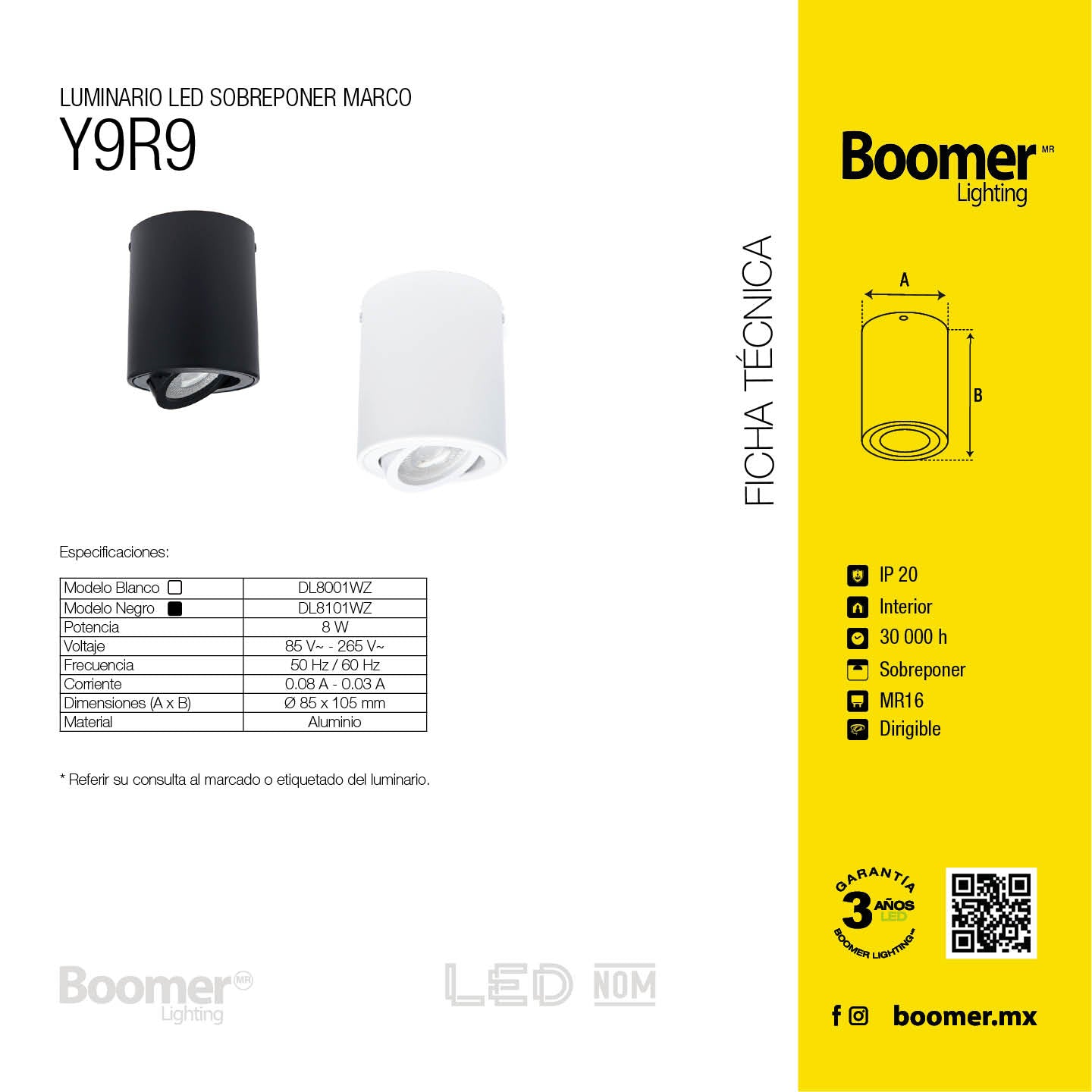 MARCO SOBREPONER BLANCO Y9R9, FOCO LED, 6.5W, BASE MR16