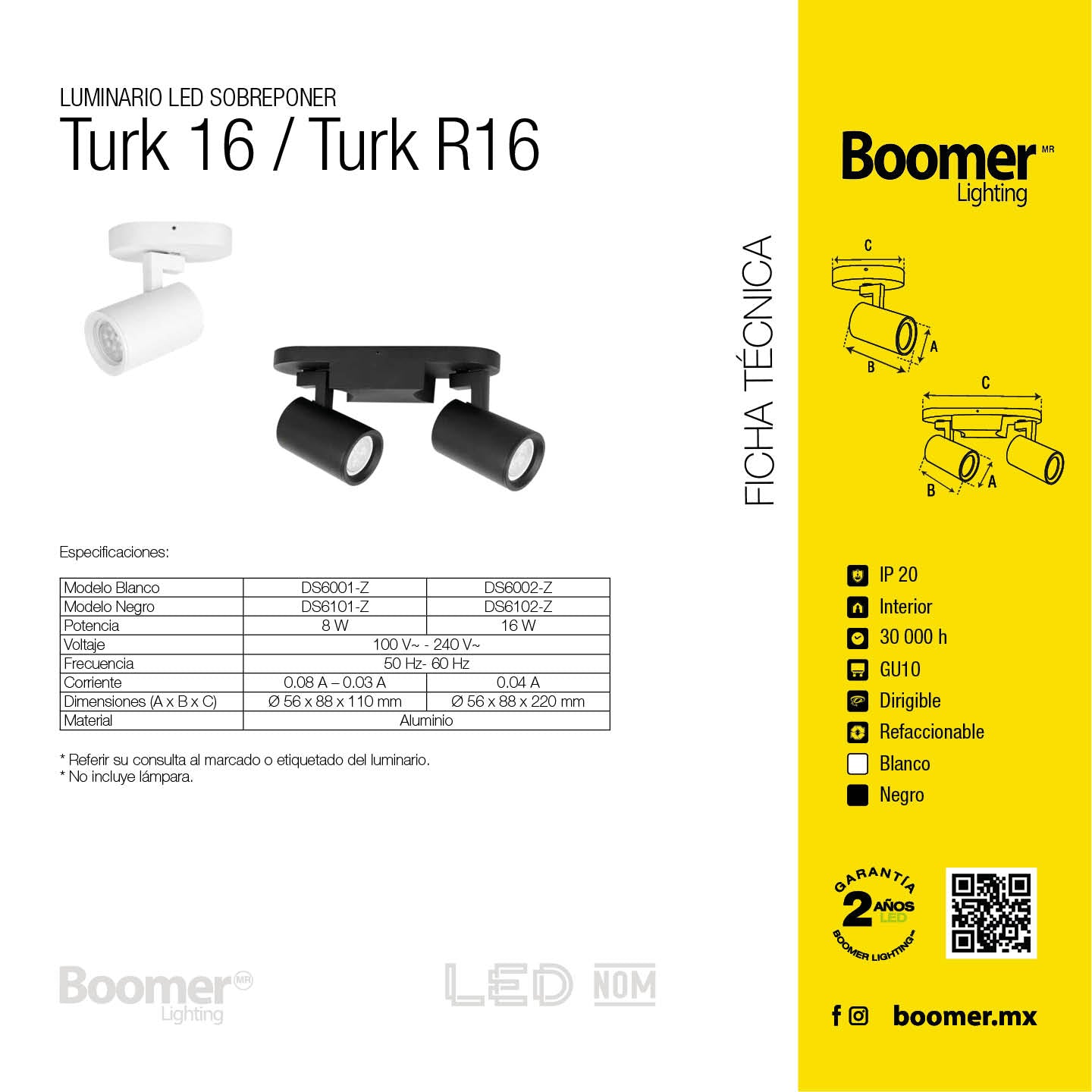 LÁMPARA SOBREPONER DIRIGIBLE TURK NEGRO R16, 8W, BASE GU10