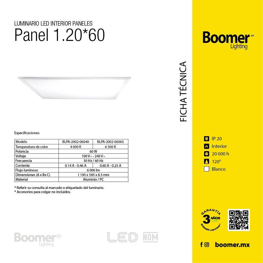 PANEL LED EMPOTRABLE 1.20*.60, 60W, LUZ FRÍA, INTERIOR