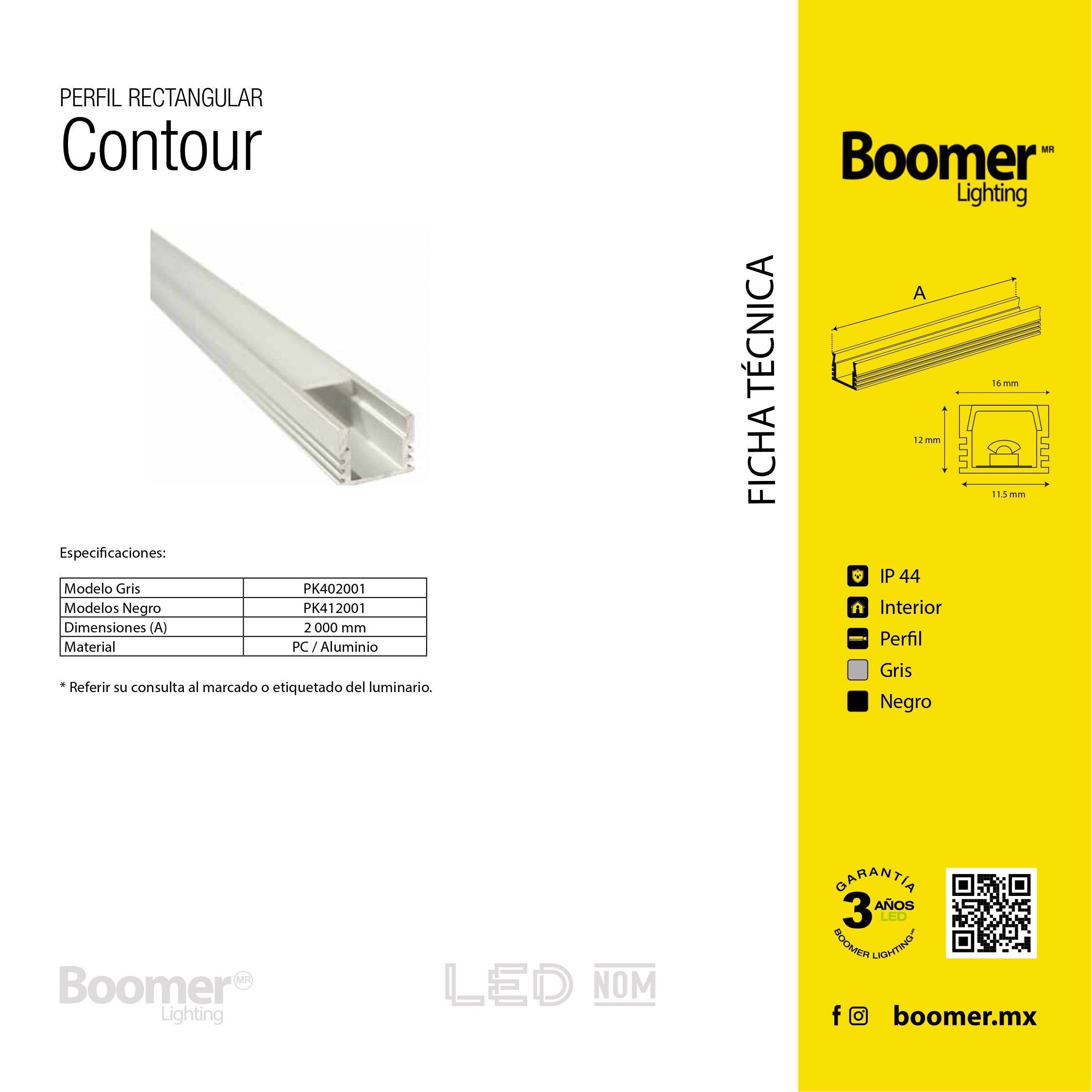 PERFIL ALUMINIO RECTANGULAR NEGRO PARA TIRA, 2M, IP44