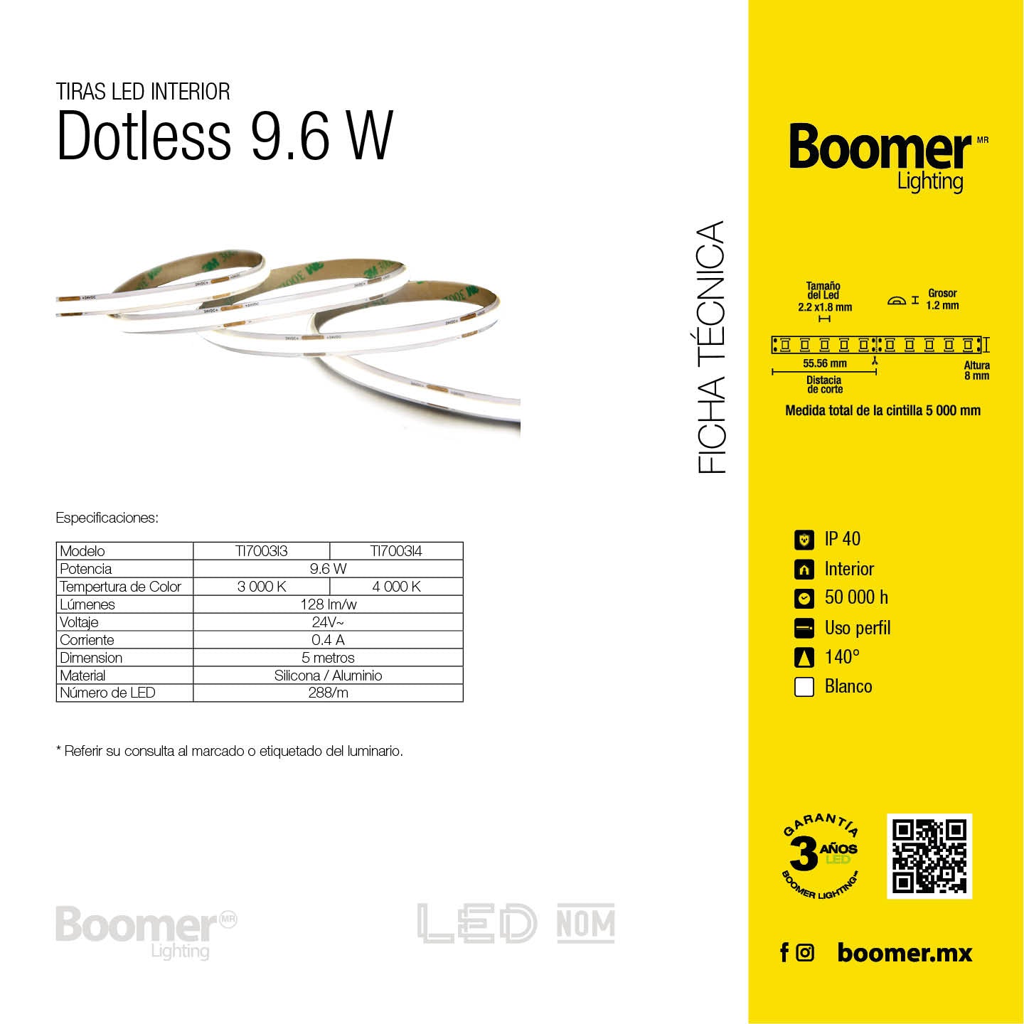 TIRA LED DOTLESS ROLLO 5 METROS, 9.6W, 4000K, 24V, IP40