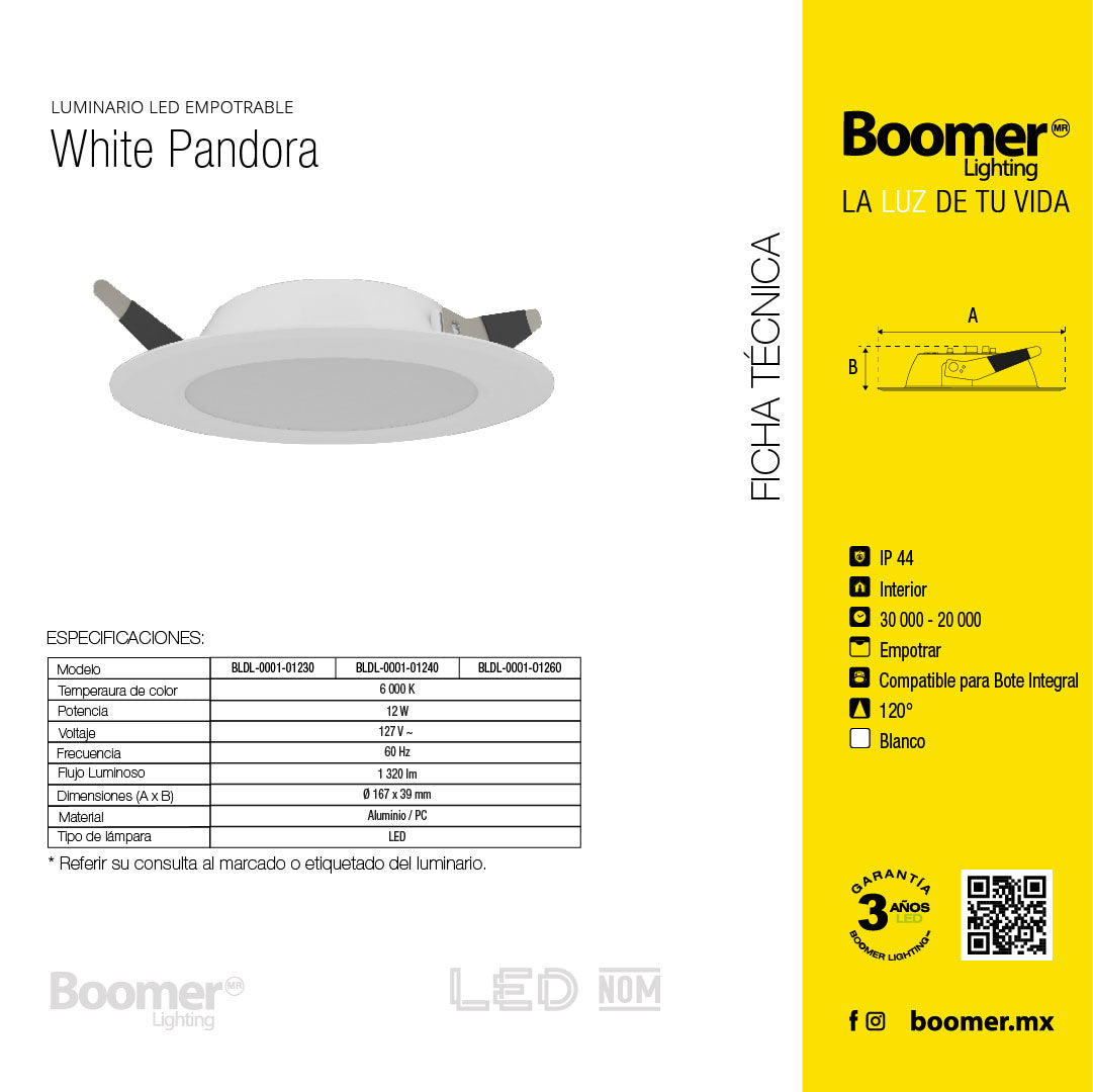 EMPOTRABLE BLANCO 12W, LUZ NEUTRA, IP44, PARA BOTE, 1320LM