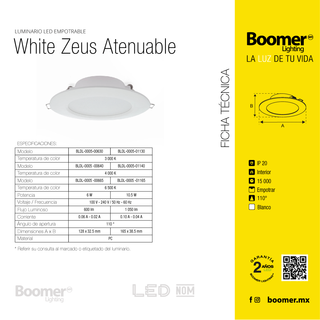 EMPOTRABLE BLANCO 6W ATENUABLE, LUZ CÁLIDA, PARA BOTE, 600LM