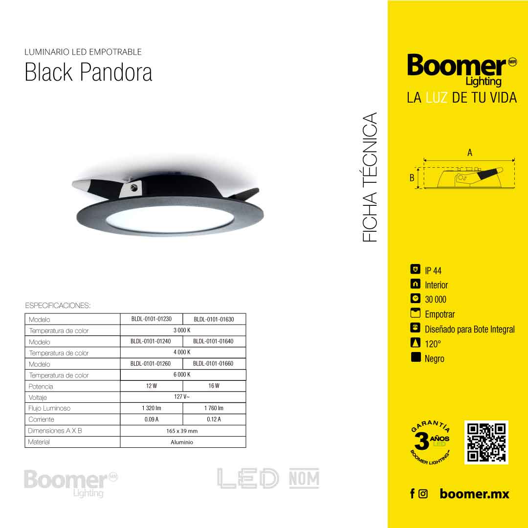 EMPOTRABLE 16W NEGRO, LUZ CÁLIDA, PARA BOTE INTEGRAL,1760LM