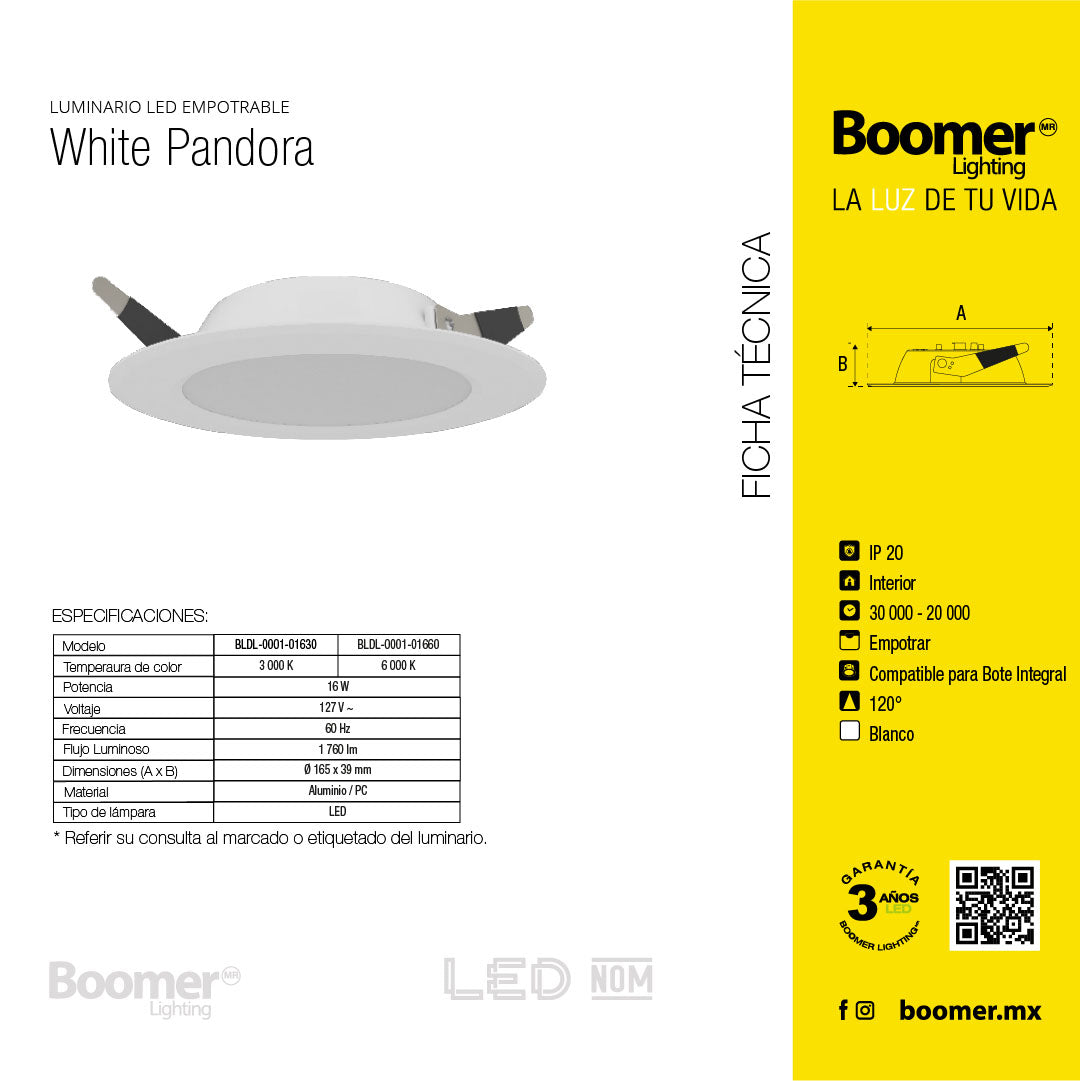 EMPOTRABLE BLANCO 16W, LUZ CÁLIDA, IP44, PARA BOTE, 1760LM