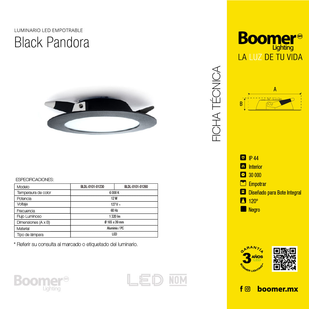 EMPOTRABLE 12W NEGRO, LUZ DE DÍA, PARA BOTE INTEGRAL, 1320LM