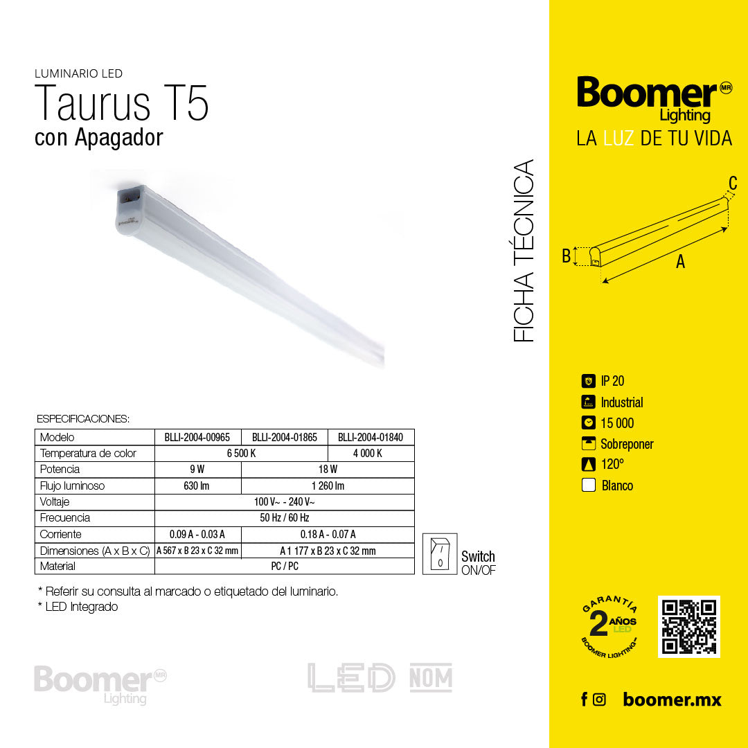 REGLETA INTERCONECTABLE T5 CON APAGADOR 18W 1260 LM LUZ FRÍA