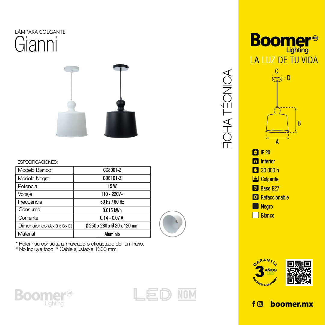 LÁMPARA COLGANTE GIANNI BLANCO, 15 W, BASE E27, INTERIOR, AL