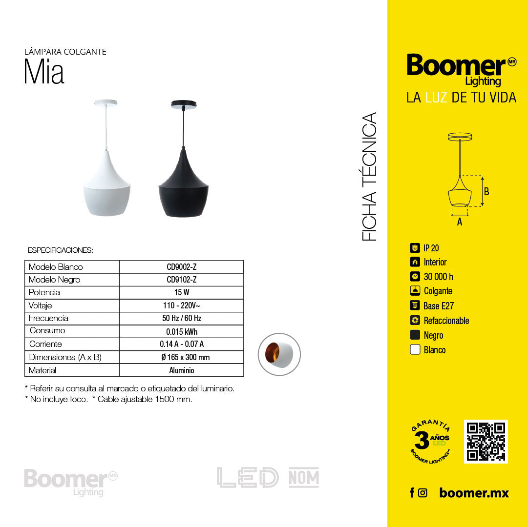 LÁMPARA COLGANTE MIA BLANCO, 15 W, BASE E27, INTERIOR, AL