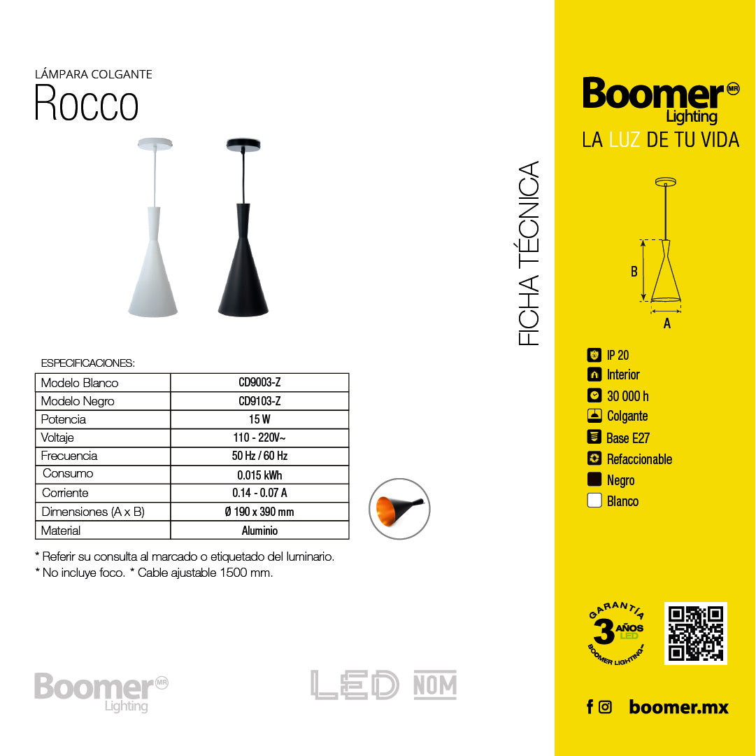 LÁMPARA COLGANTE ROCCO BLANCO, 15 W, BASE E27, INTERIOR, AL