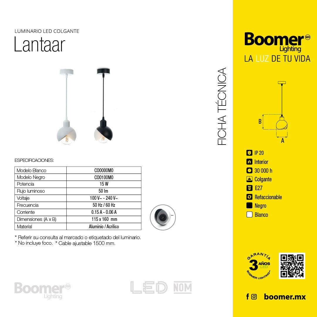 LÁMPARA COLGANTE LANTAAR NEGRO, 15 W, BASE E27, INTERIOR, AL