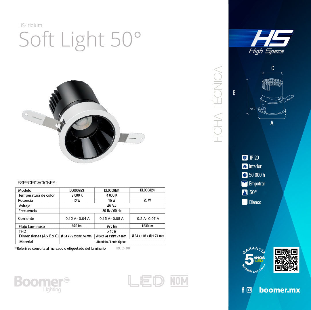 EMPOTRABLE HS IRIDIUM 50°, 75mm, 12W, 3000K, 870LM