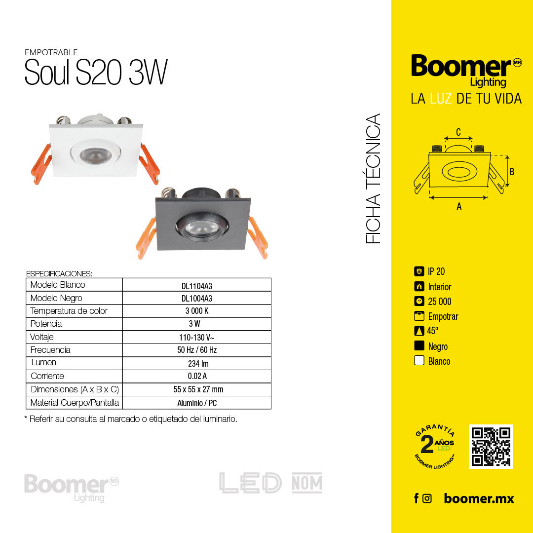 EMPOTRABLE SOUL BLANCO, 3W, LUZ CÁLIDA, 234 lm, NO ATENUABLE