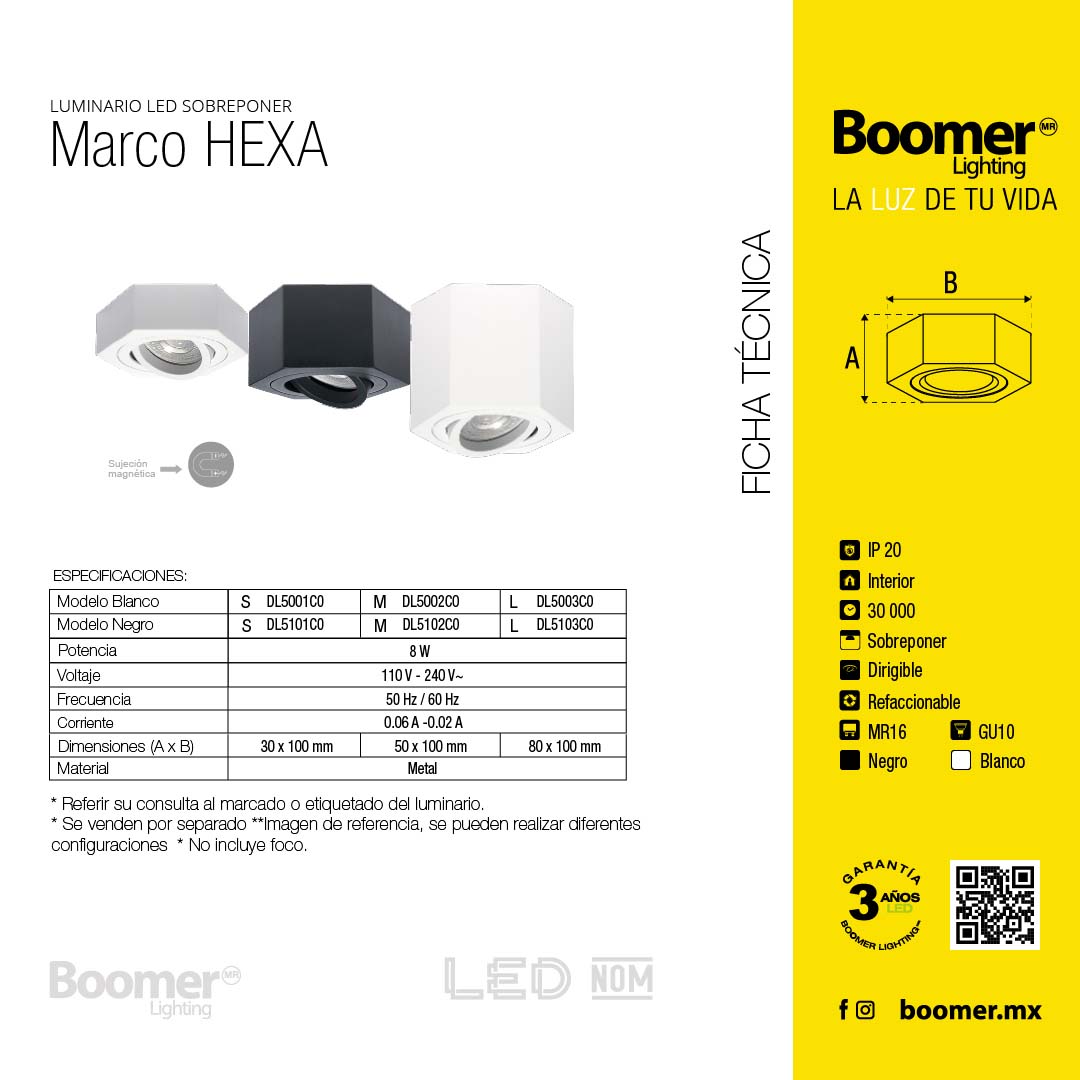 MARCO SOBREPONER NEGRO HEXA M, CON IMÁN, BASE GU10 Y MR16