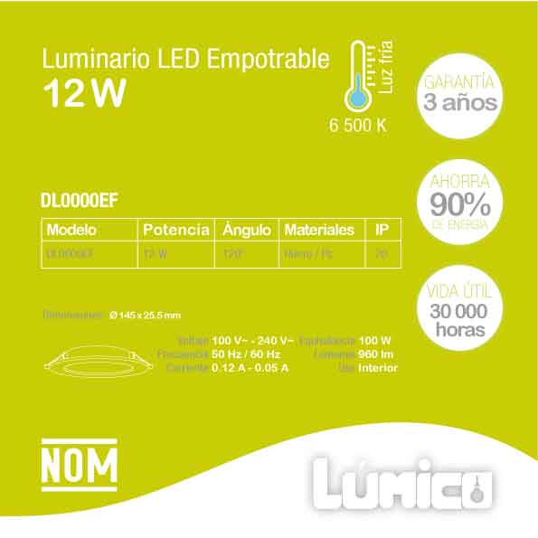 EMPOTRABLE LED LÚMICO DE LUZ DE DÍA 12W PARA INTERIOR