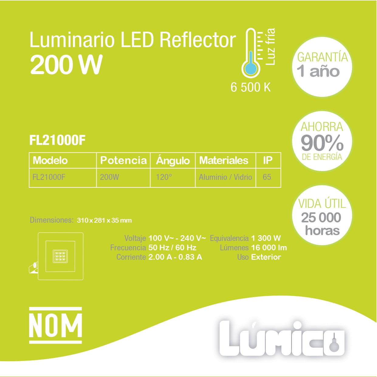 REFLECTOR LED LÚMICO NEGRO 200 W, LUZ FRÍA, PARA EXTERIOR