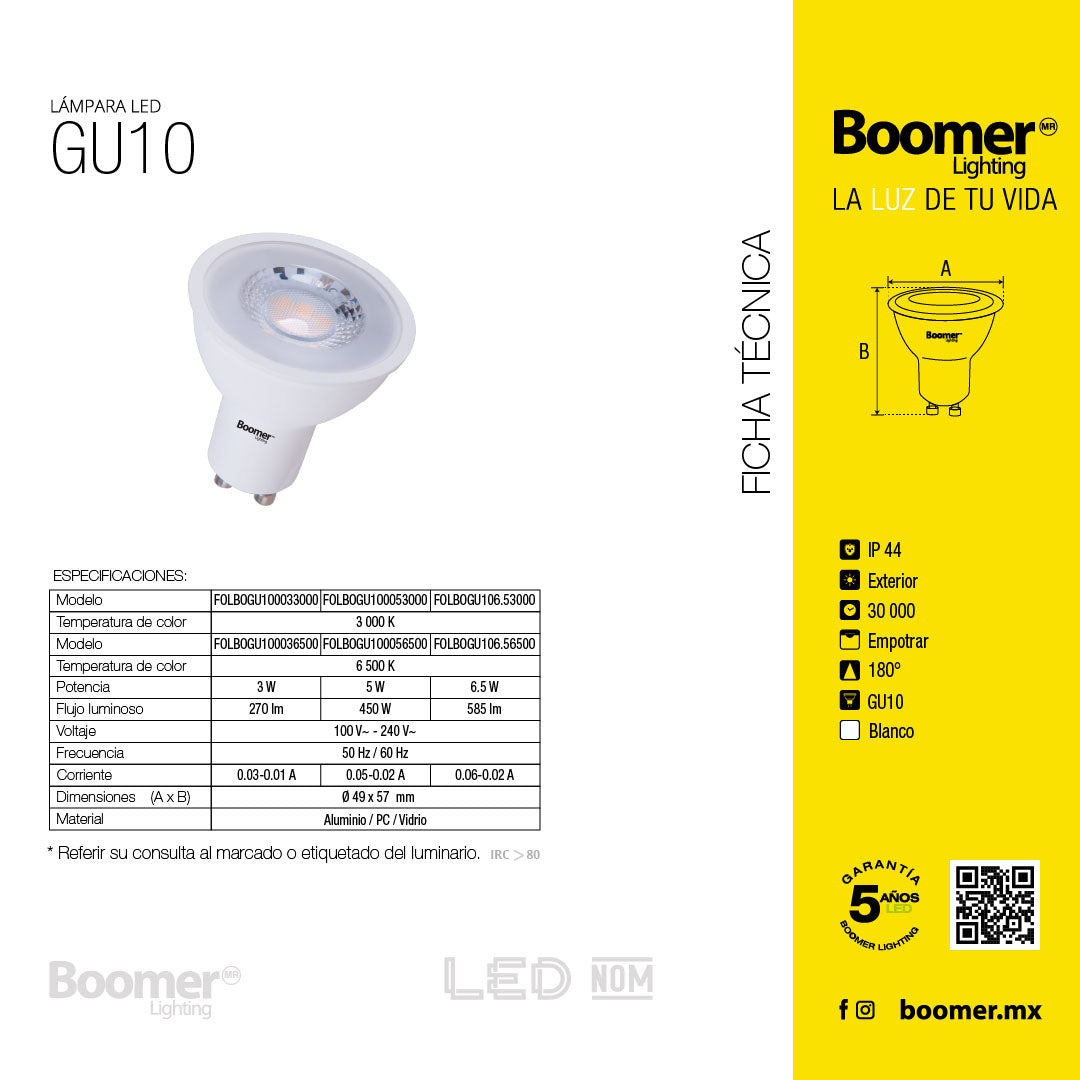 10 FOCOS LED GU10 5W LUZ CÁLIDA, 450 LM, NO ATENUABLE