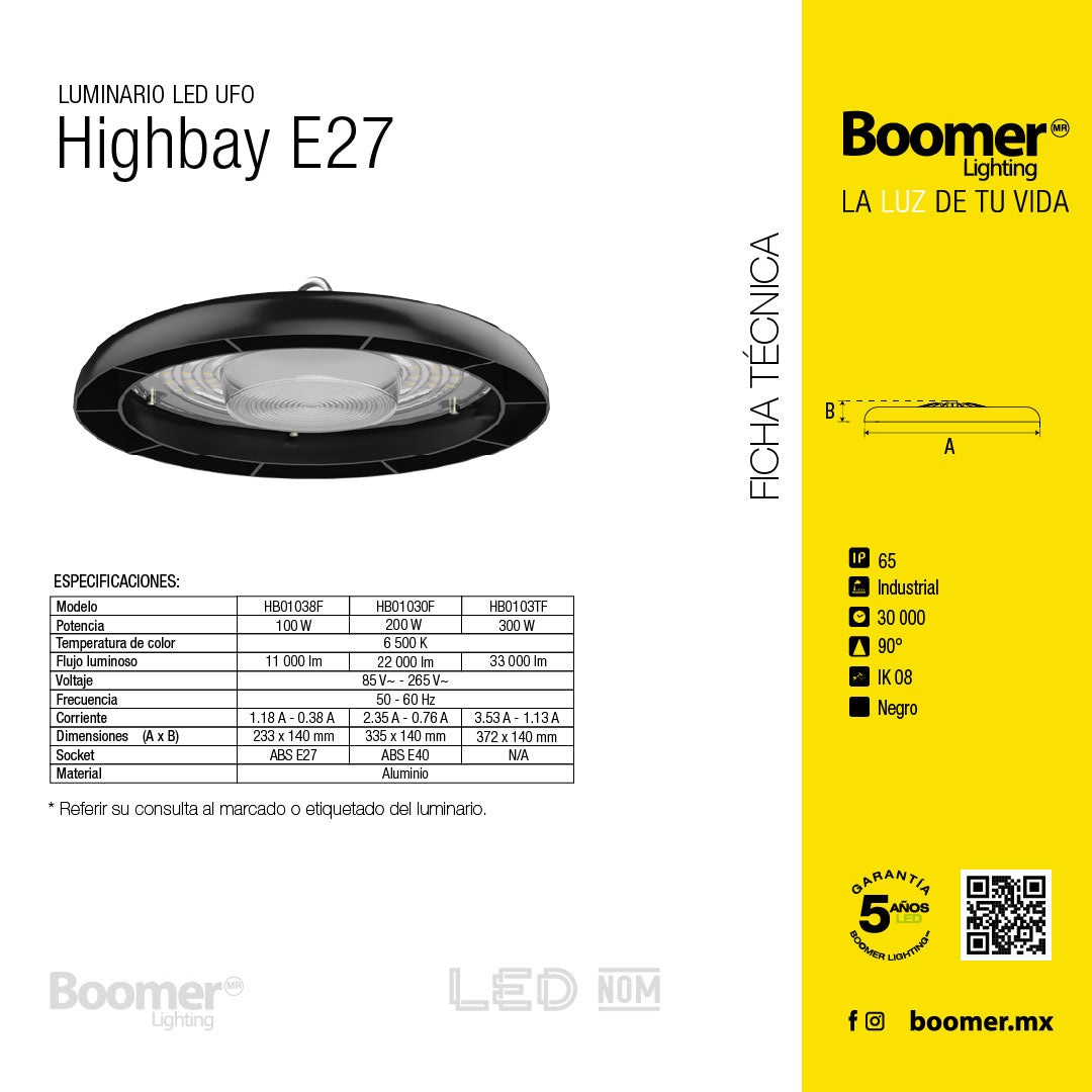 LÁMPARA CAMPANA UFO LED HIGHBAY 100W LUZ FRÍA IP65, 11000 LM