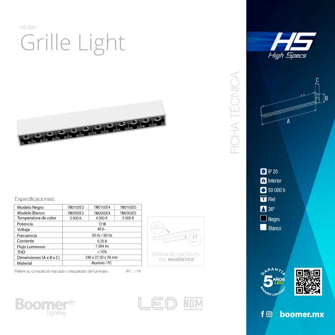 LUMINARIO HS-ION GRILLE LIGHT NEGRO, 12W 5000K, 1080LM