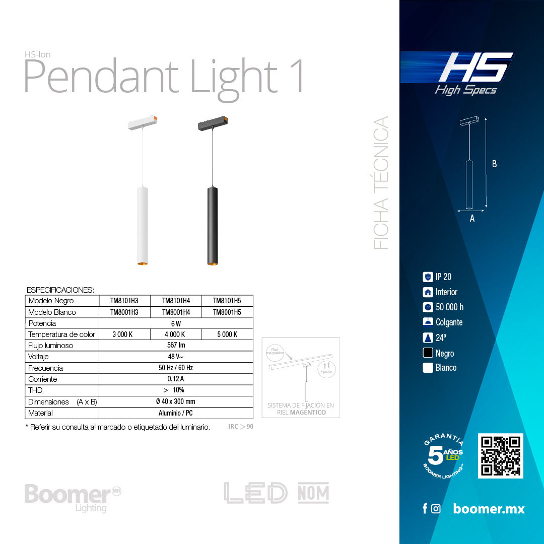 LUMINARIO HS-ION PENDANT D40 M1 BLANCO, 6W, 3000K, 558LM