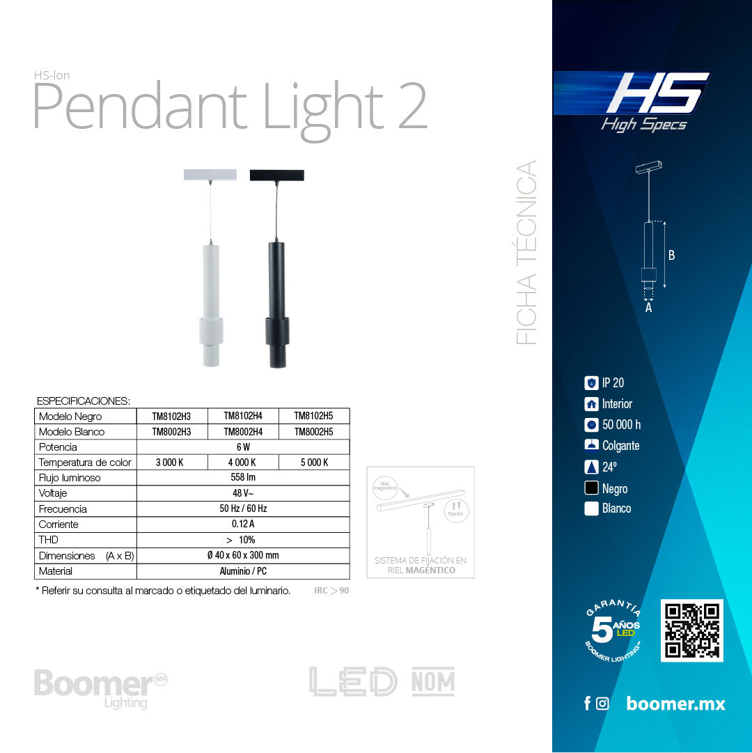 LUMINARIO HS-ION PENDANT D40 M2 BLANCO, 6W, 3000K, 558LM