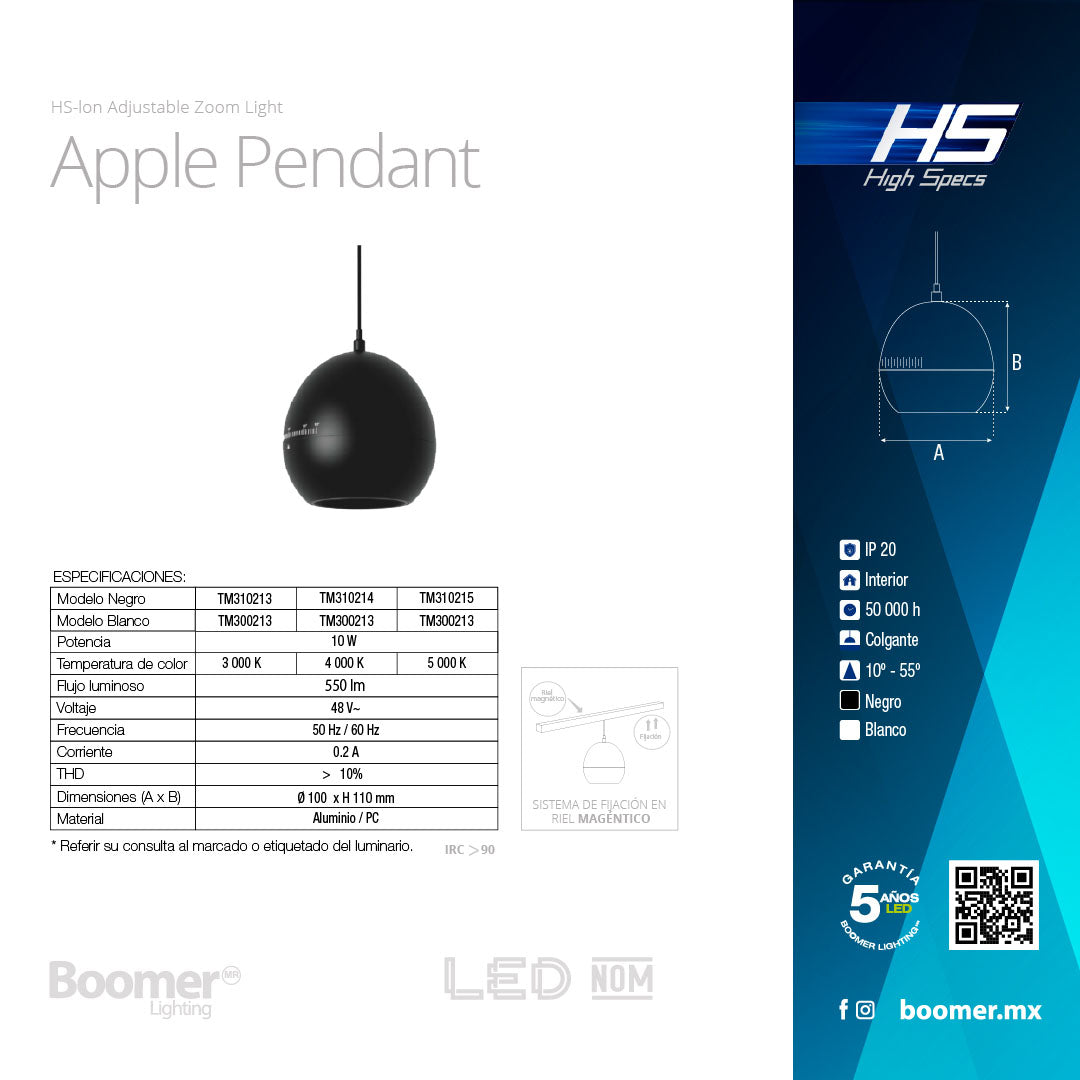 LUMINARIO HS-ION APPLE ADJ. ZOOM BLANCO, 10W, 3000K, 940LM