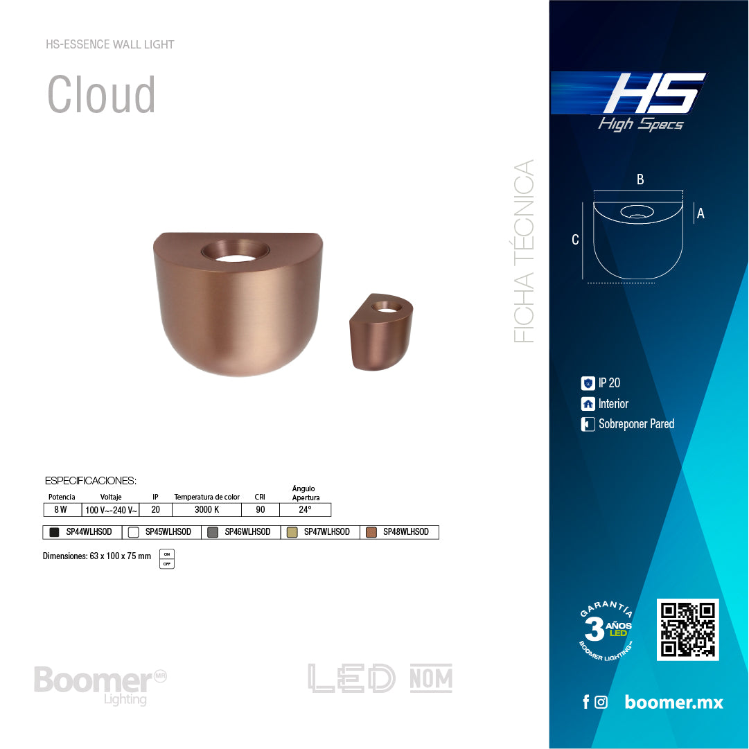 ARBOTANTE GRIS PARA PARED CLOUD 8W, LUZ CÁLIDA, 494 LM