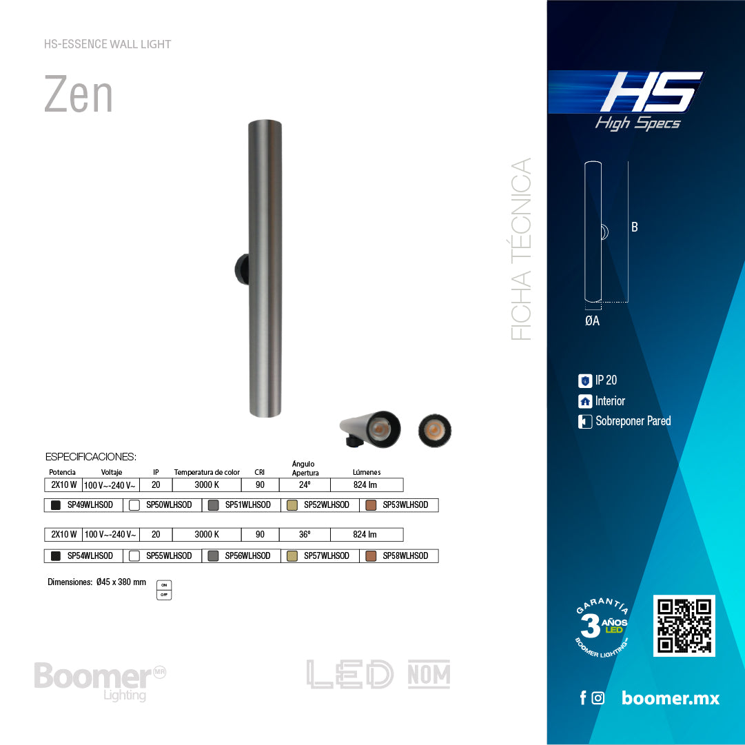 ARBOTANTE GRIS PARA PARED ZEN 2X10W, 36°, LUZ CÁLIDA, 822 LM