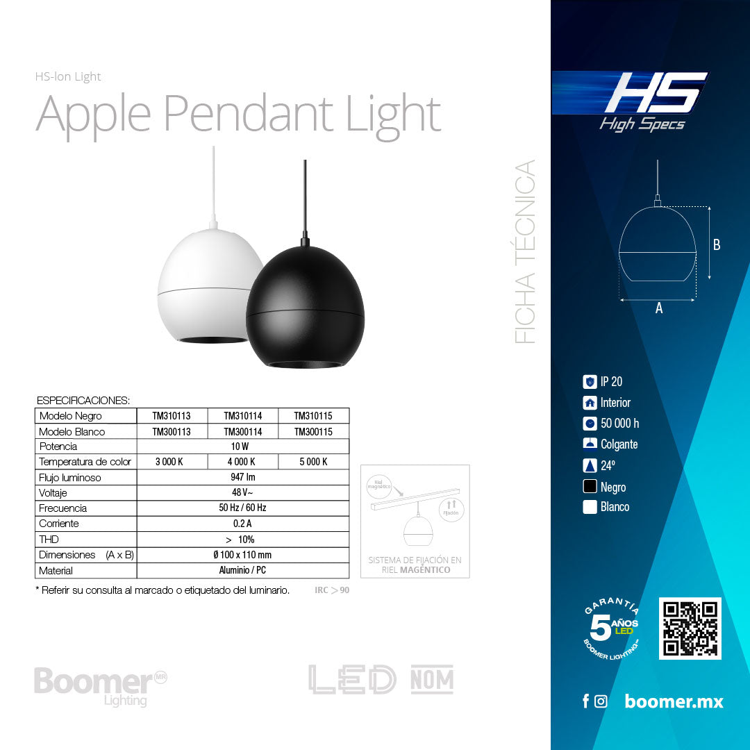 LUMINARIO HS-ION APPLE PENDANT BLANCO 10W, 4000K, 940LM