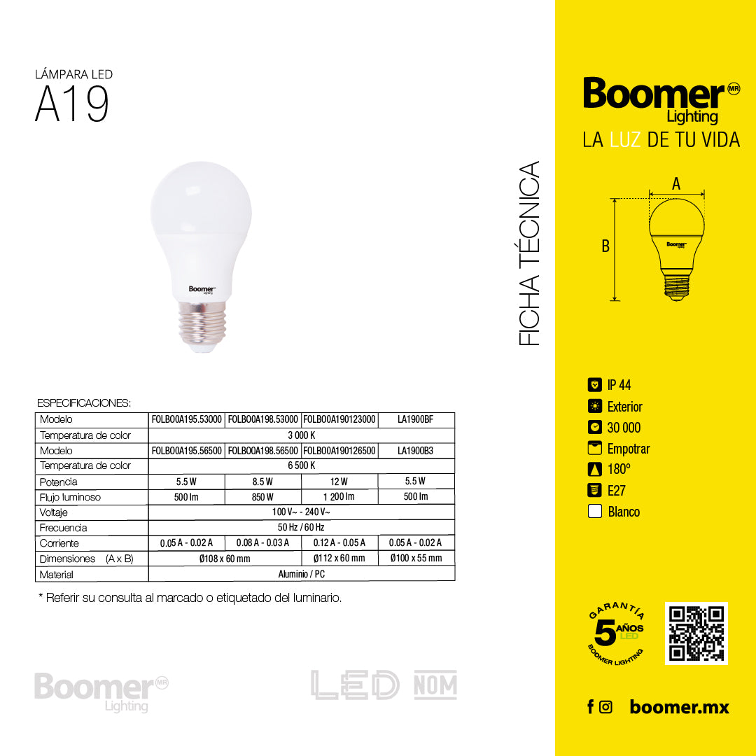 PAQUETE 3 FOCOS SM LED A19 5.5W, LUZ FRÍA, 500LM, BASE E27