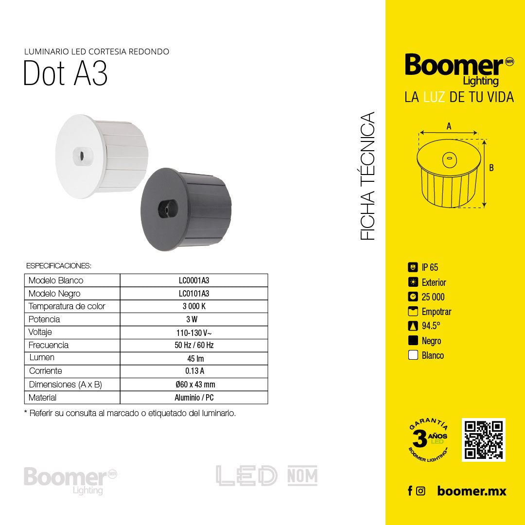 LÁMPARA DE CORTESÍA EMPOTRABLE BLANCO DT, 3W, 3000K, IP65
