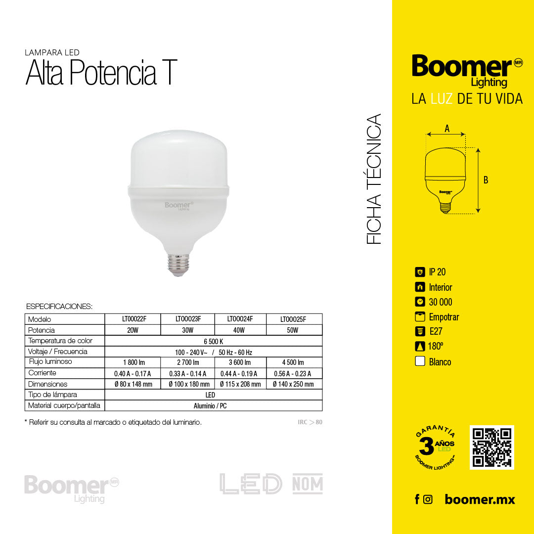 FOCO LED ALTA POTENCIA T V2, 40W, LUZ FRÍA, 3600 LM
