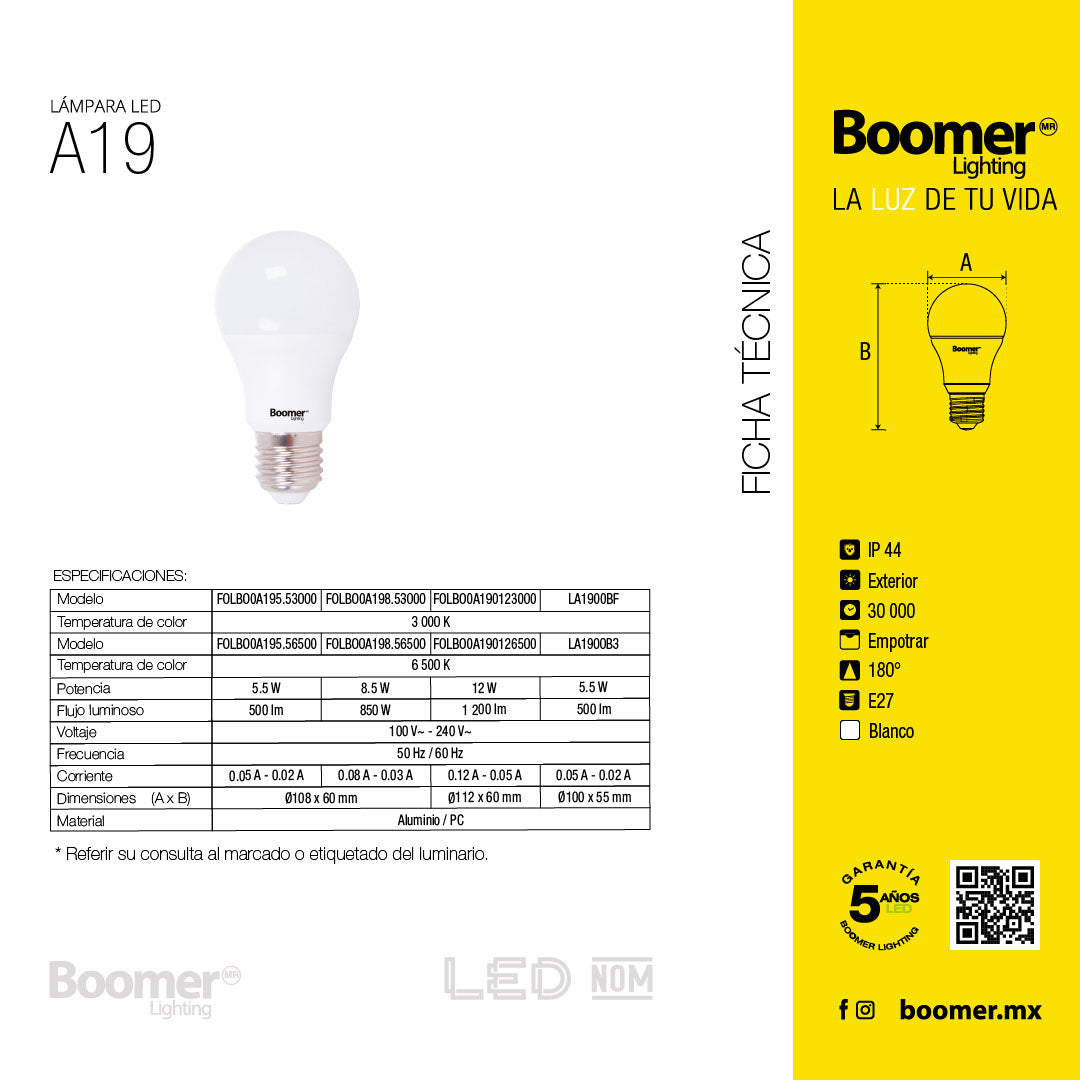 PAQUETE DE 3 FOCOS LED A19 5.5W, LUZ CÁLIDA, 500LM, BASE E27
