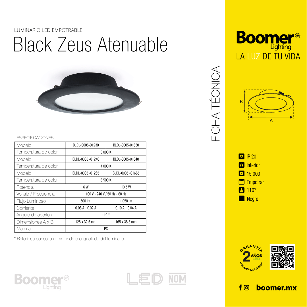 EMPOTRABLE NEGRO 6W ATENUABLE, LUZ CÁLIDA, PARA BOTE, 600LM