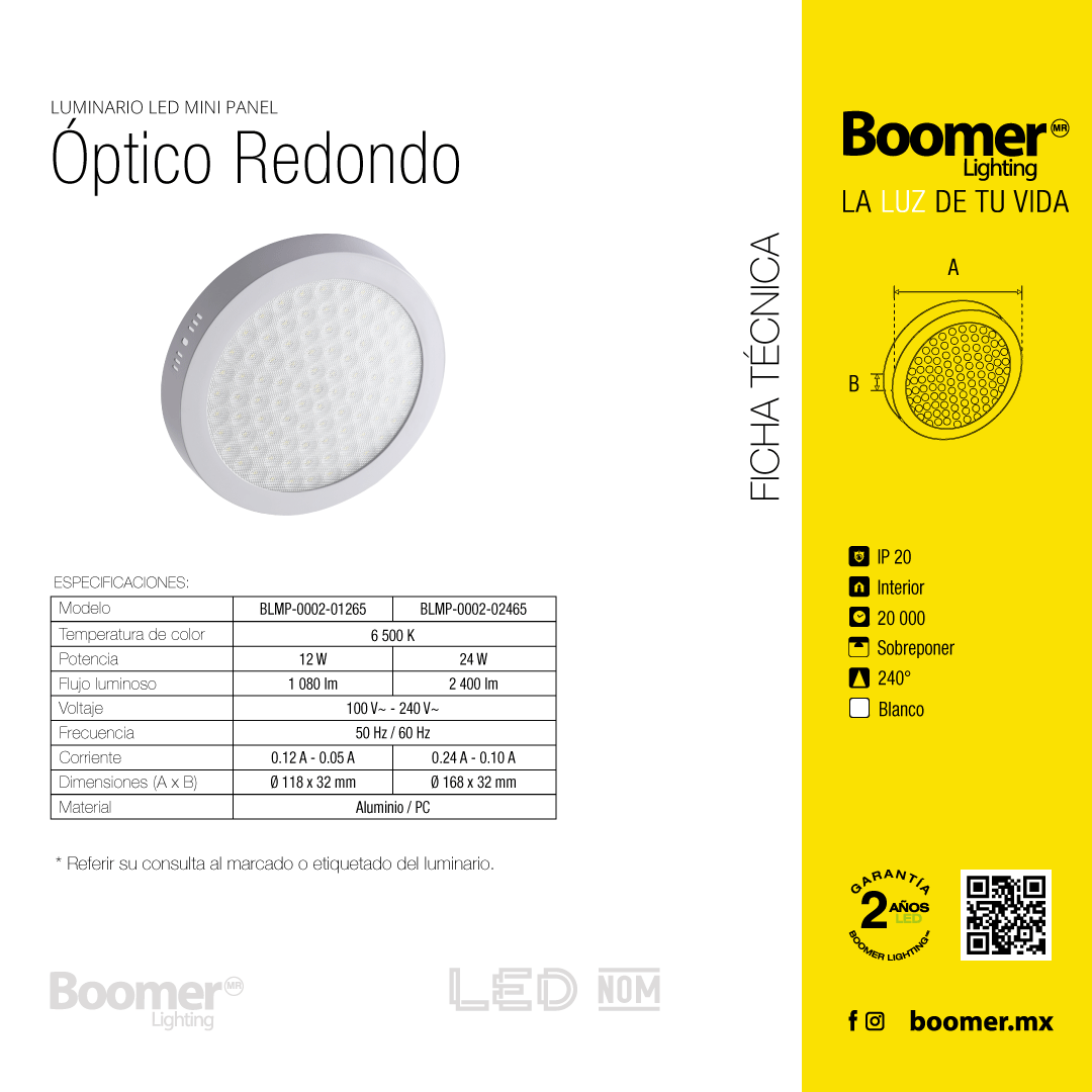 LÁMPARA PANEL ÓPTICO REDONDO PARA SOBREPONER, 12W, LUZ FRÍA