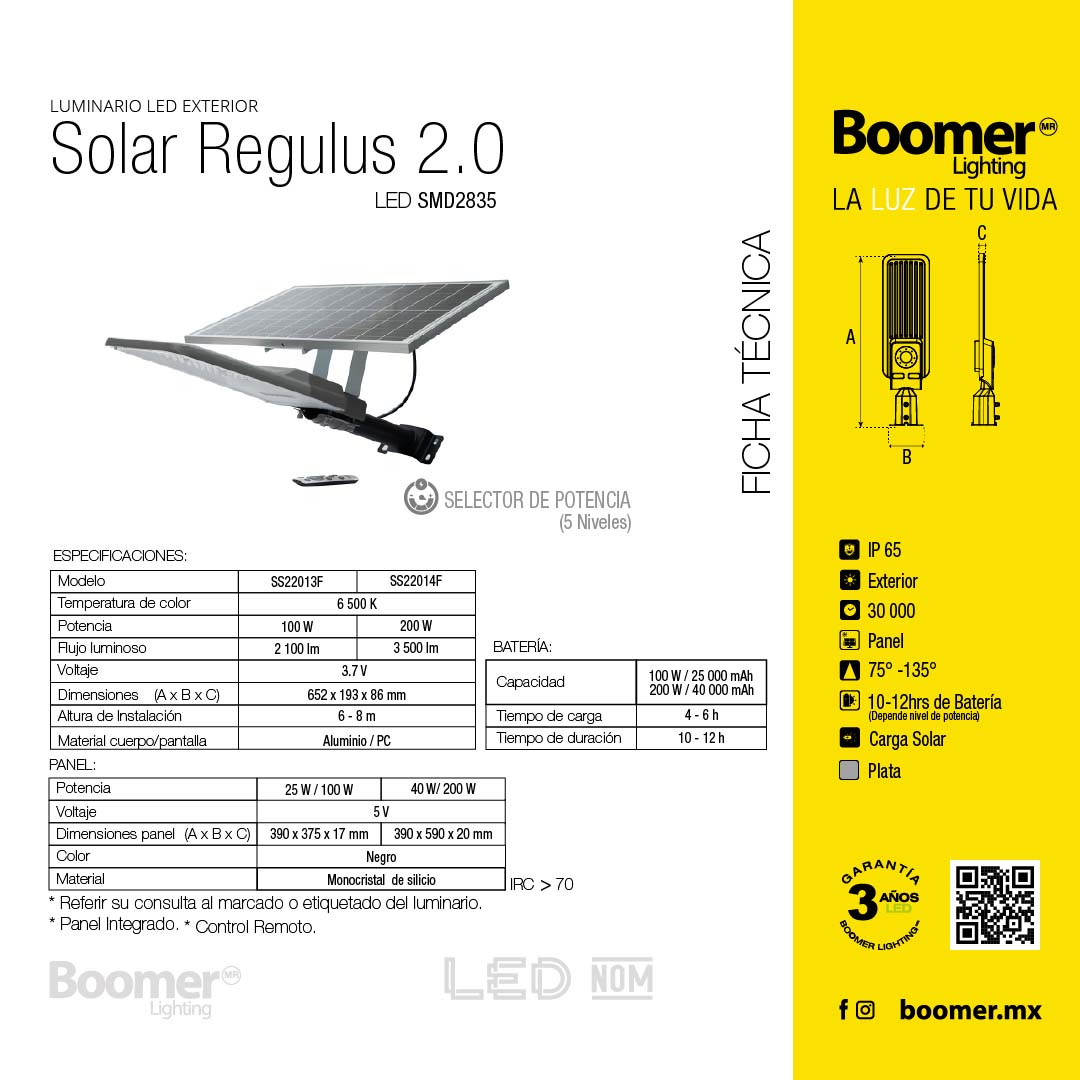 REFLECTOR SOLAR LED EXTERIOR REGULUS 100W LUZ FRÍA 6500K IP65 CON CONTROL