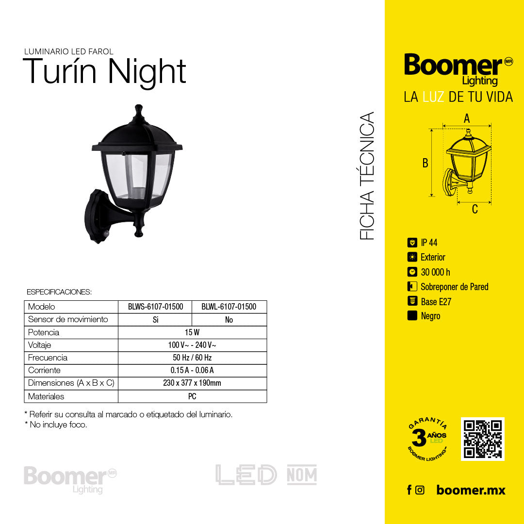 FAROL DECORATIVO PARA PARED TURIN, 15W, BASE E27