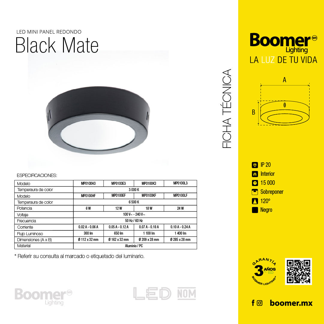 PANEL LED REDONDO NEGRO DE LUZ CÁLIDA 18W 1100LM PARA INTERIOR