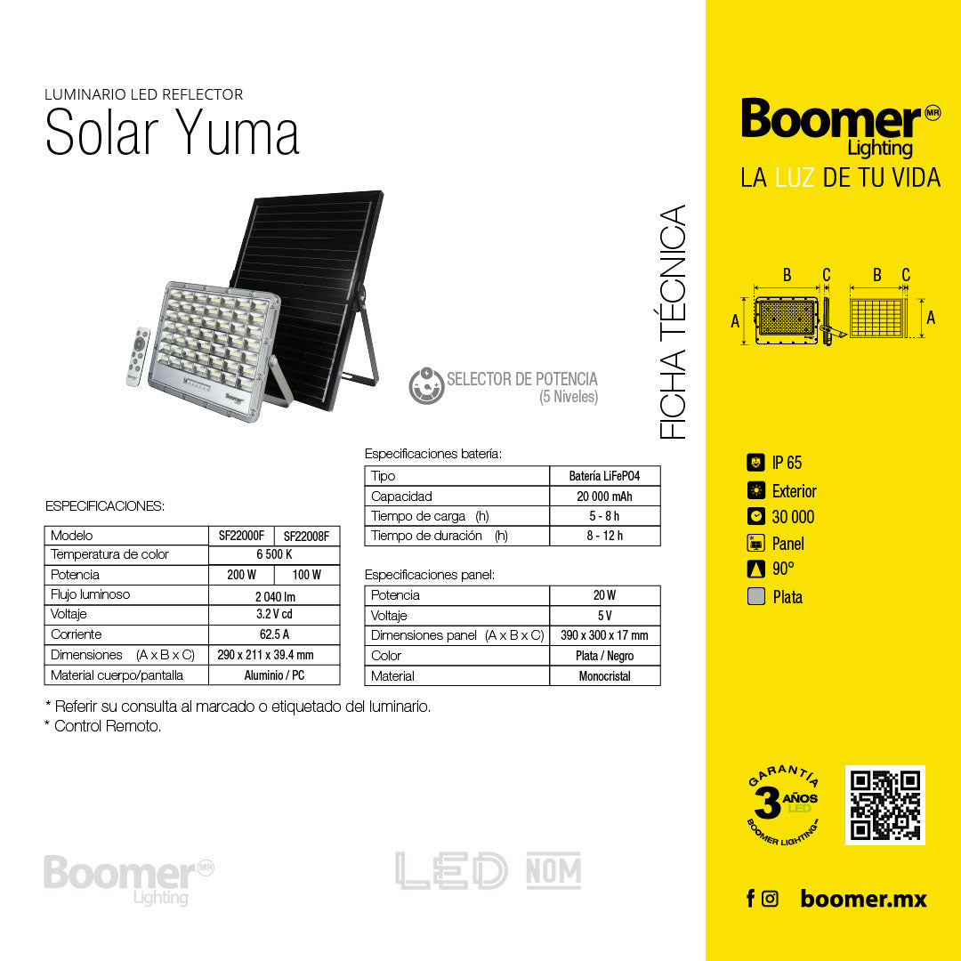 REFLECTOR CON PANEL SOLAR YUMA, 200W, LUZ FRÍA, CON CONTROL