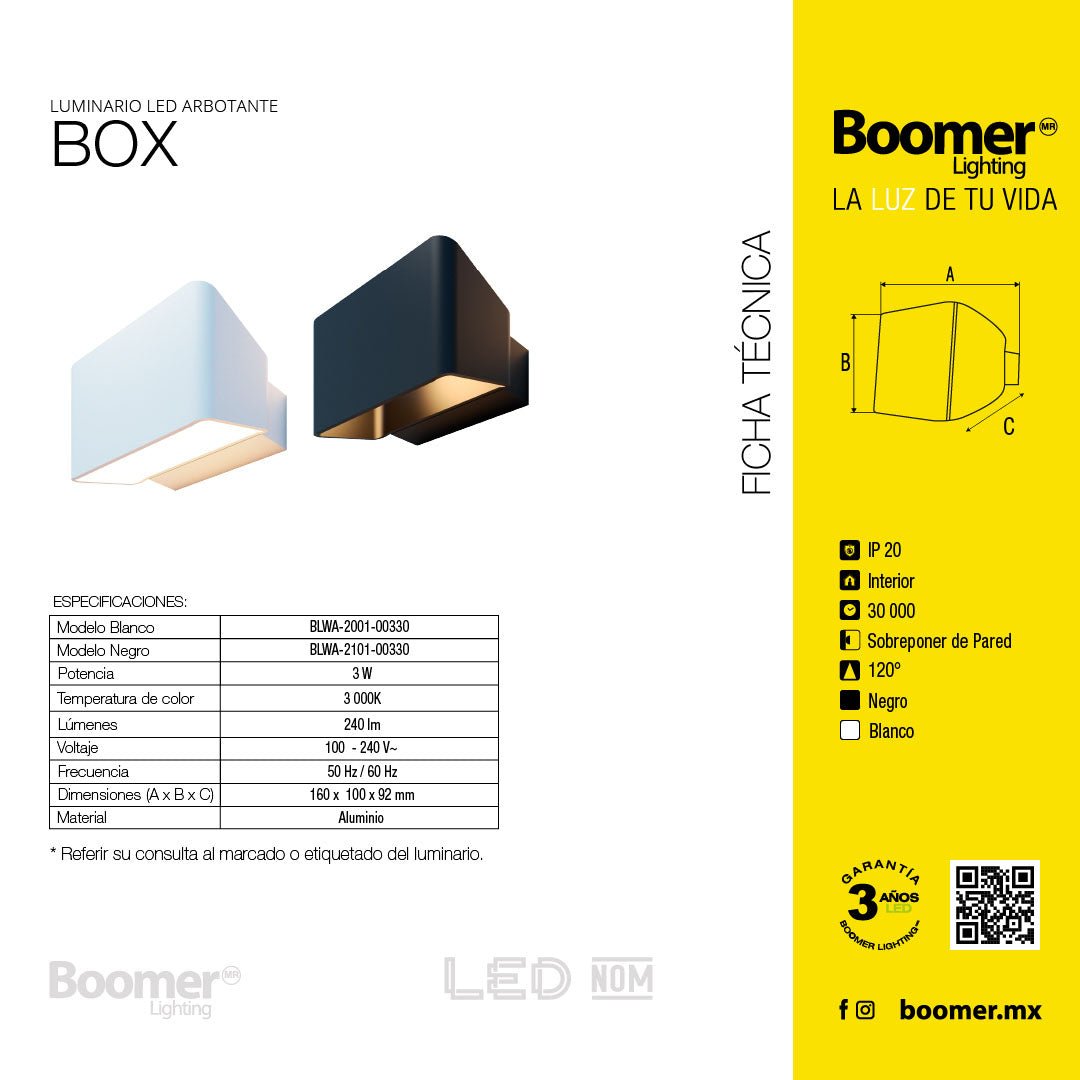 LÁMPARA ARBOTANTE BOX BLANCO, 3W, LUZ CÁLIDA, INTERIOR