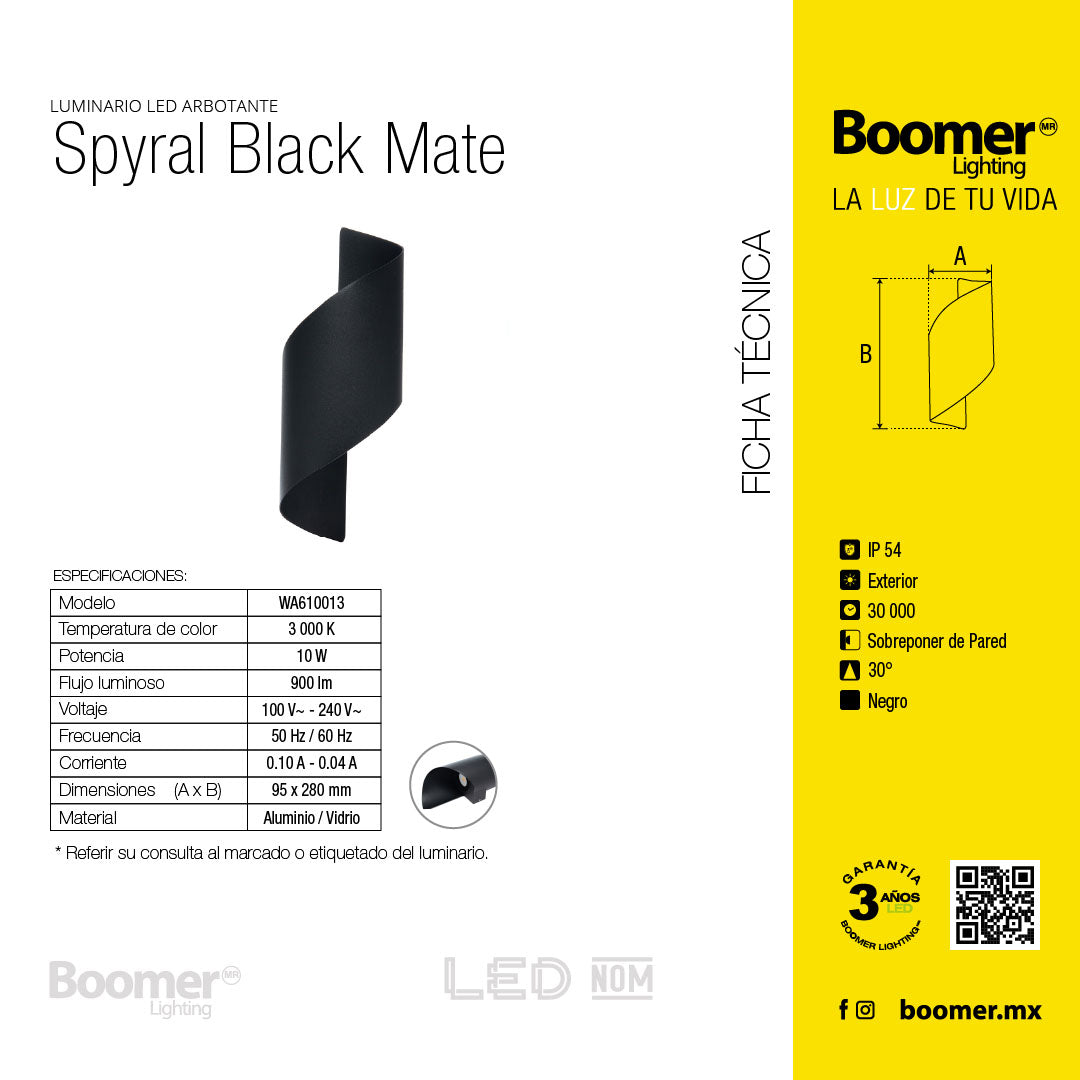 ARBOTANTE PARA PARED SPYRAL 10W, LUZ CÁLIDA, 900LM, EXTERIOR