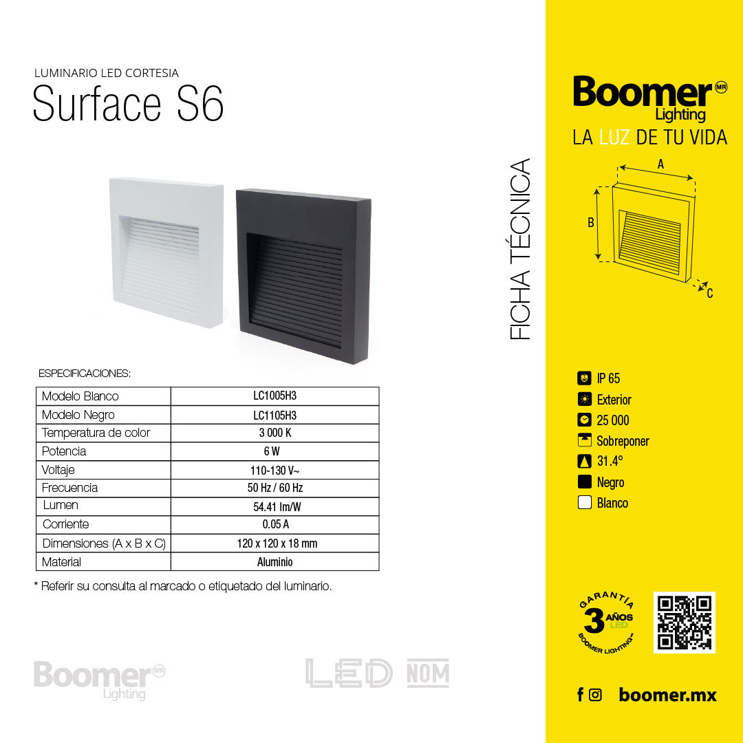 LÁMPARA DE CORTESÍA SOBREPONER NEGRO S6, 6W, 3000K, IP65