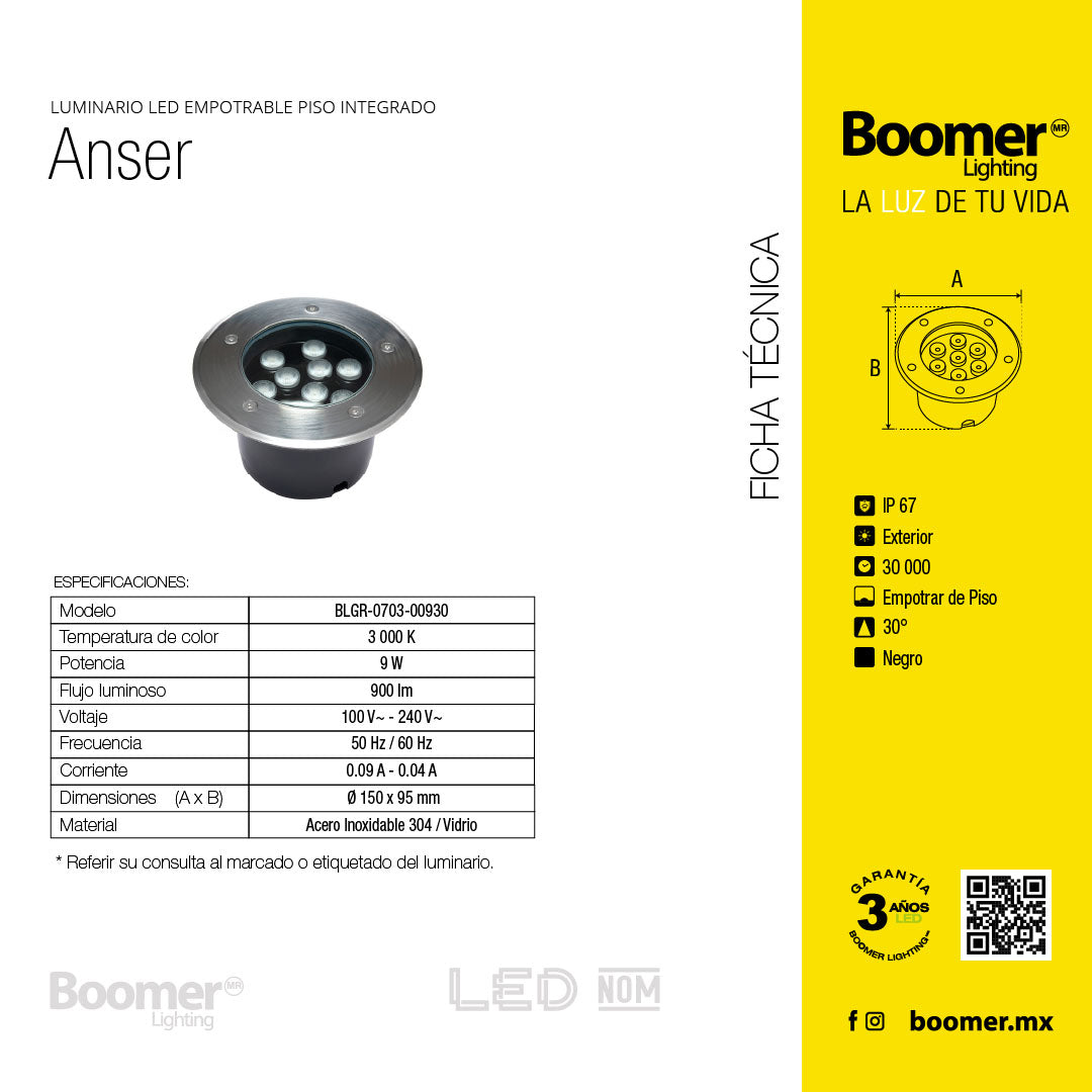 EMPOTRABLE LED REDONDO DE PISO 9W LUZ CÁLIDA 3000K IP66 EXTERIOR